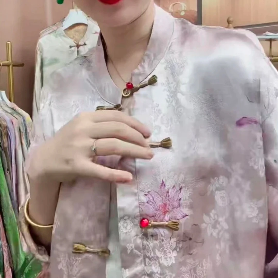白皮纱紫荷花提花夏季中式外套双面复古休闲唐装重磅外套598