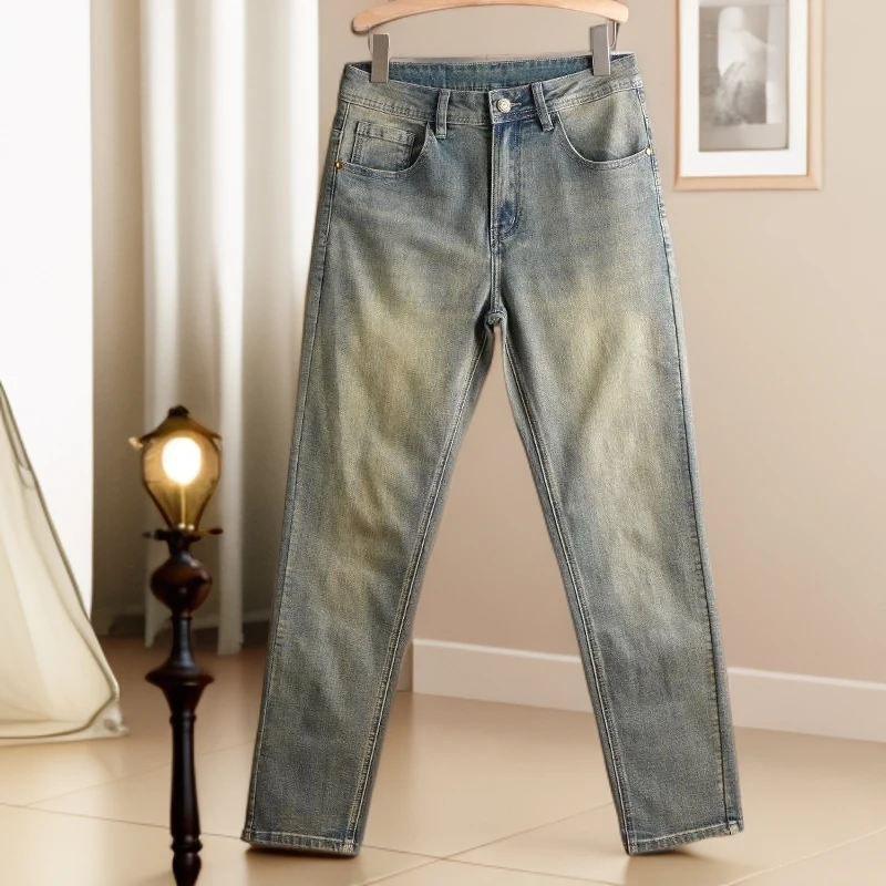 符腾野堡马美式复古水洗做旧黄泥色牛仔裤男士夏季时尚修身小脚裤