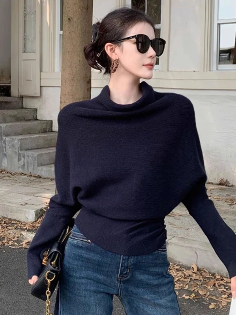 高级感不规则荡领毛衣外套女秋冬慵懒风宽松收腰显瘦内搭针织上衣