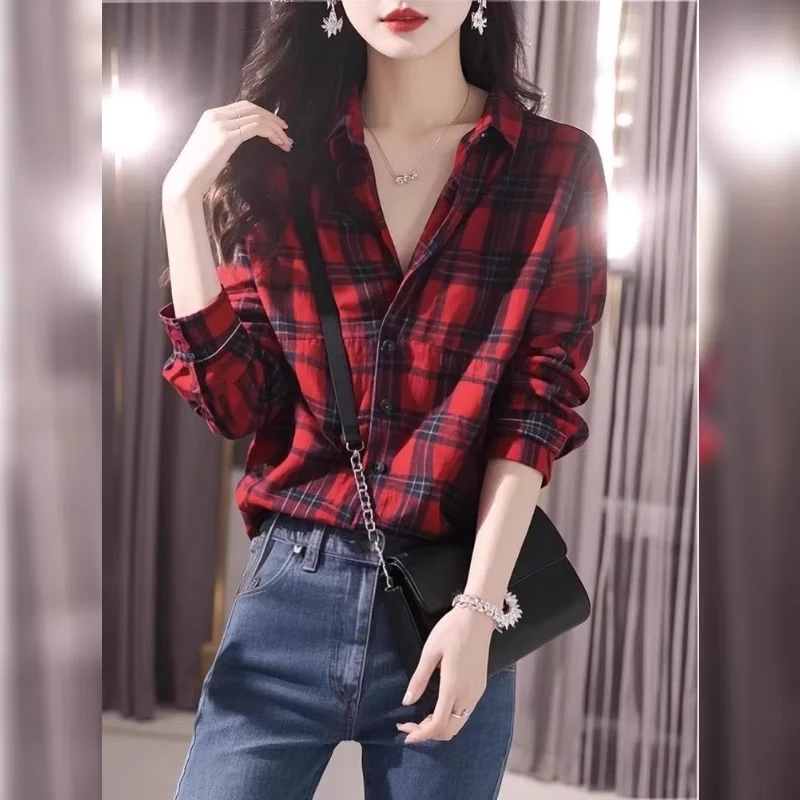 2025年爆款欧货洋气超好看独特漂亮复古红色格子POLO领衬衫女上衣