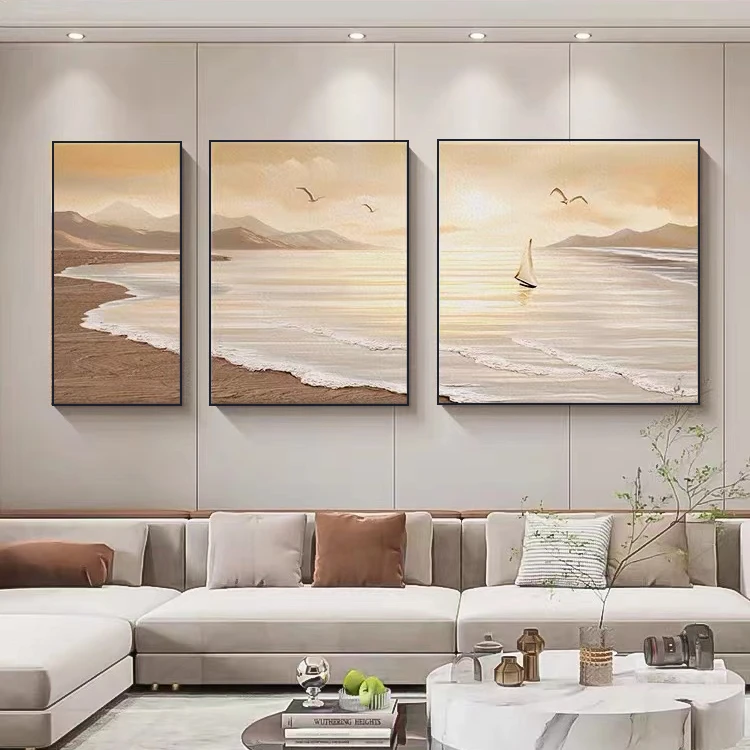 一帆风顺装饰画现代简约沙发背景墙肌理挂画高级艺术三联砂岩画