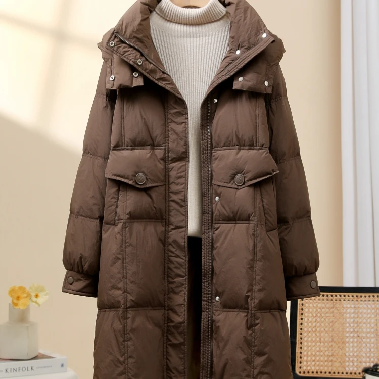 2024冬季新款中长连帽羽绒服女韩版宽松加厚休闲时尚百搭外套