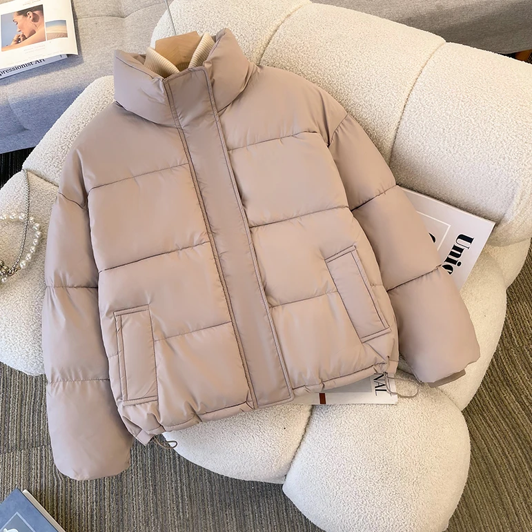 2024款短款小个子加厚面包服纯色简约棉服防风立领棉衣卡其色19款