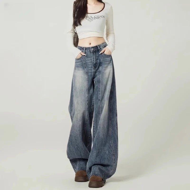 复古蓝磨白阔腿牛仔裤女2025春夏新款设计感毛边高腰垂感弯刀裤子