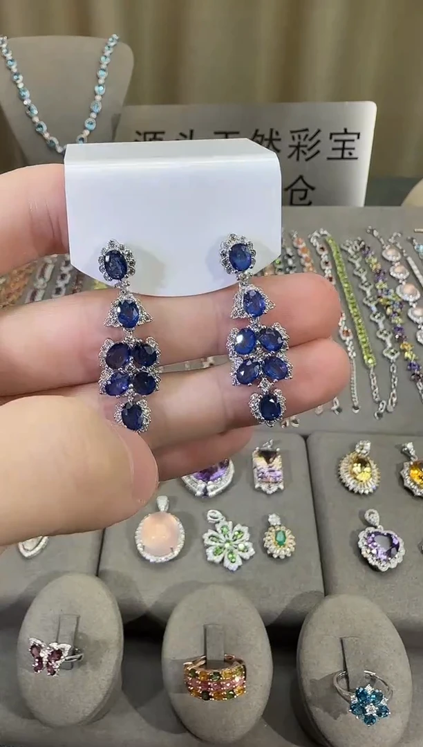 耳饰蓝宝石银S925镶嵌3*6mm耳坠高级款