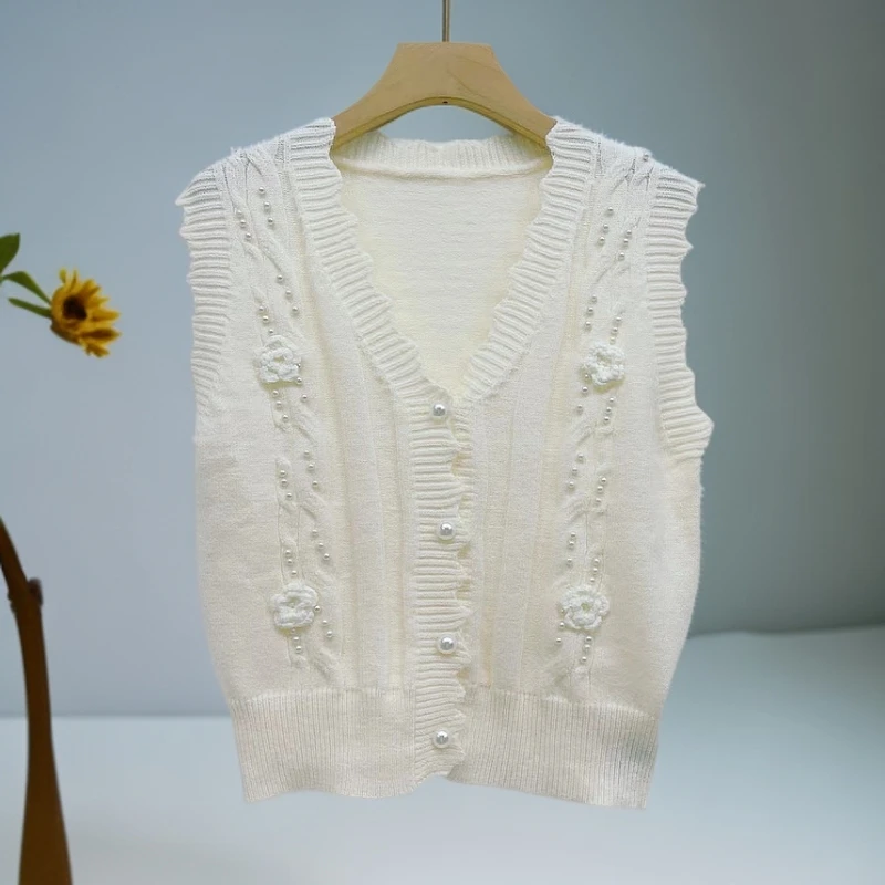 24203波浪边钉珠马甲新款纯色针织衫甜美尚简约显瘦百搭气质上衣