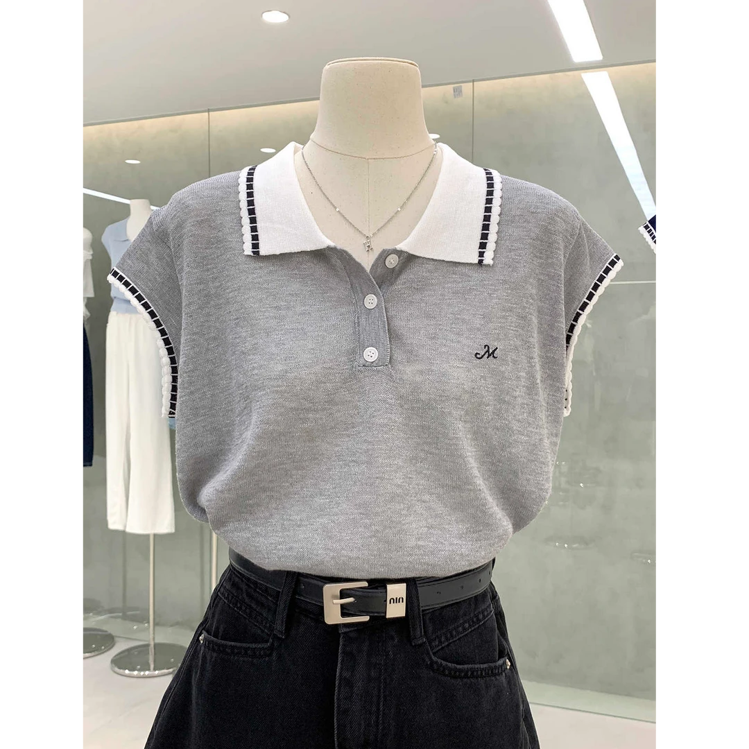 韩里韩气学院风撞色Polo领坎肩T恤上衣夏日新款薄料气质针织短袖