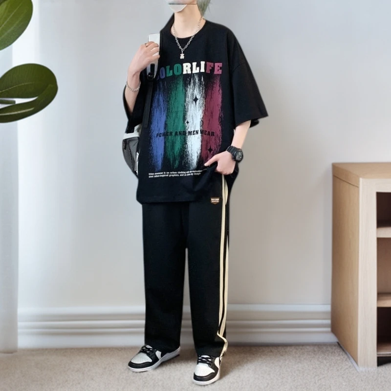 短袖T恤运动裤套装新款时尚简约潮流百搭两件套印花潮流宽松阔腿