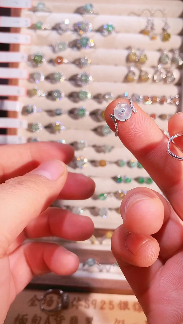 银S925镶嵌戒指翡翠❄****️S925银镶翡翠平安扣女戒