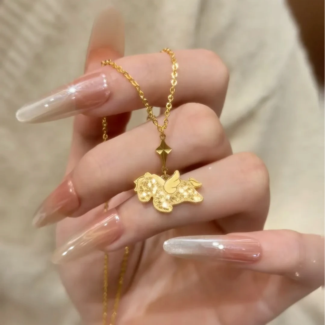 铜合金项链 新中式小飞马挂坠碎冰冰天马星芒吊坠项链时尚锁骨链