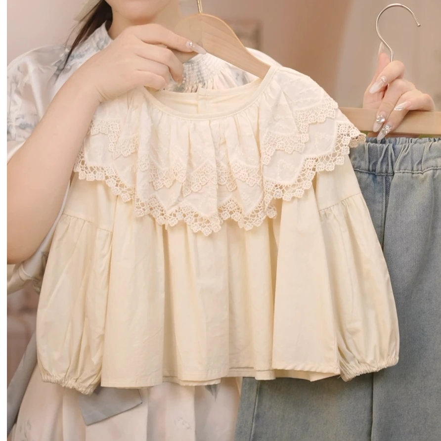 现货【大翻领衬衣】FF072女童秋季大花边领棉布衬衫