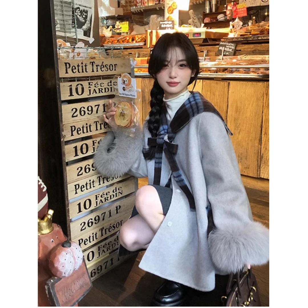 航海艺术家 秋冬韩系格子双面呢大衣毛毛袖口海军领毛呢外套女