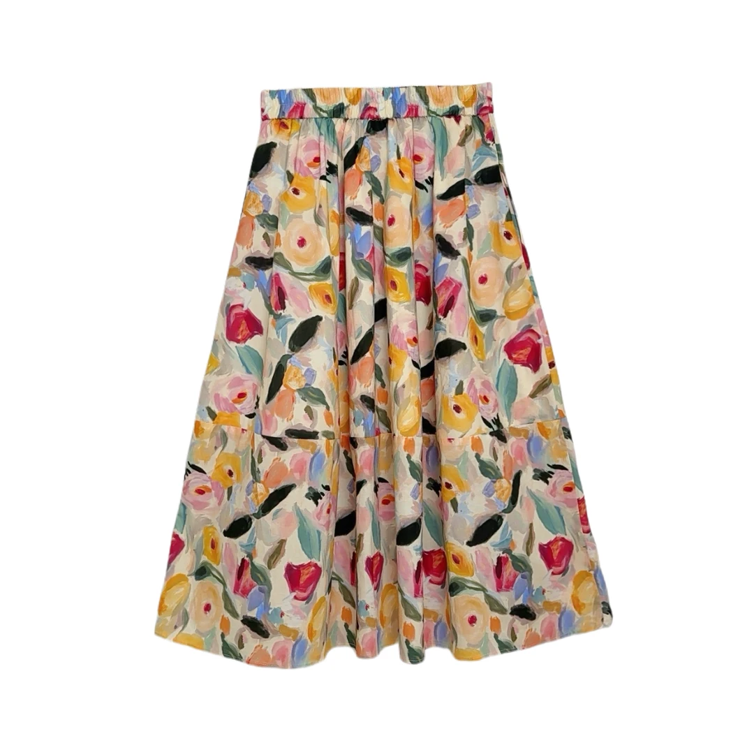 25117丽丽--欧洲站高档复古郁金香碎花显瘦松紧腰A字半身裙