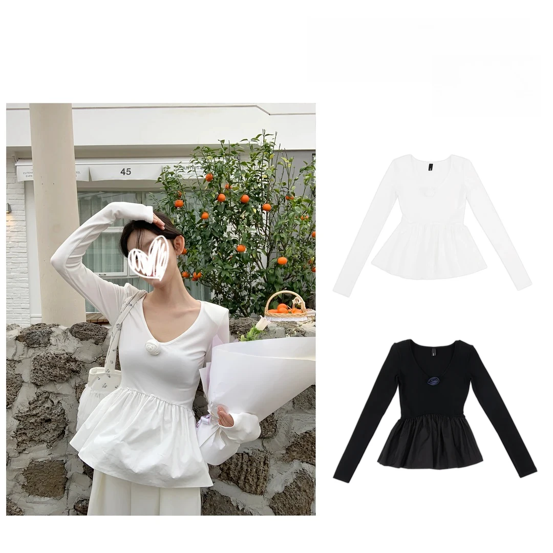 2025春季新款气质拼接弹力收腰花苞下摆V领长袖T恤女8779
