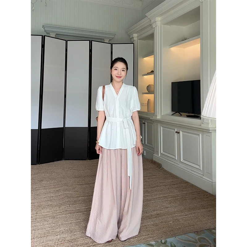 郭九九呢 亚麻慵懒气质收腰显瘦短袖上衣宽松阔腿裤 G925A03959