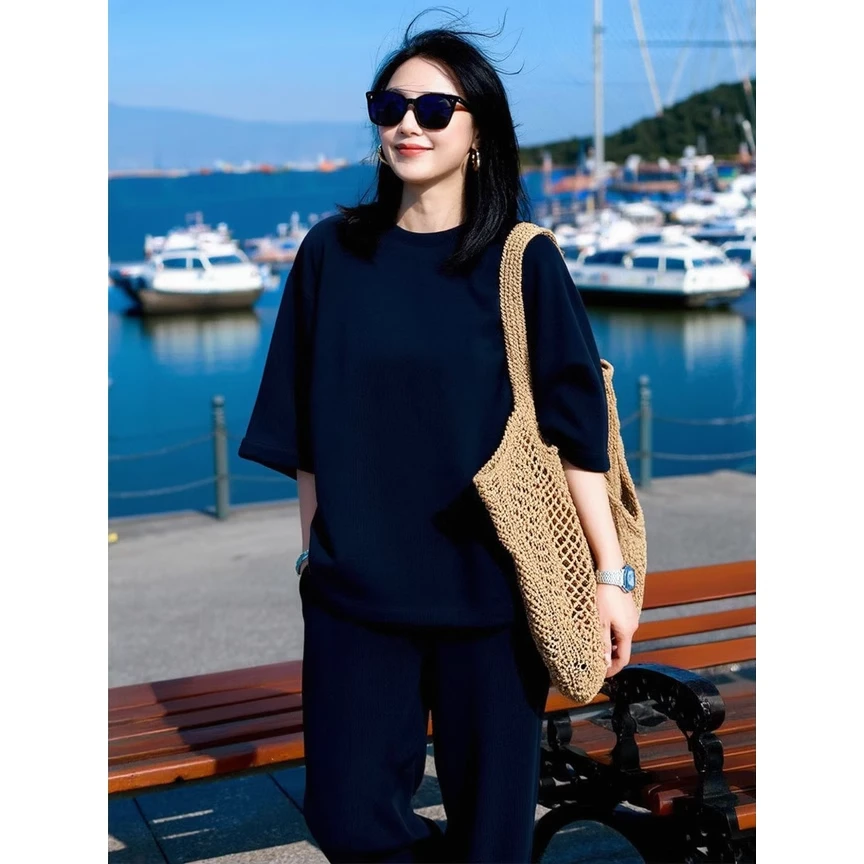 休闲运动套装女春季韩系慵懒松弛感时尚气质深蓝卫衣阔腿裤两件套