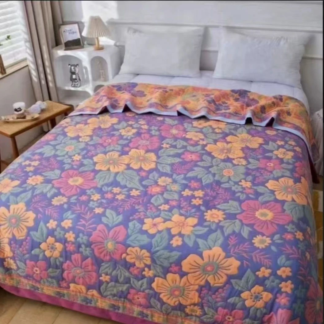 全棉纱布盖毯--彩色花朵多功能双面加厚大床夹棉布床精梳-5