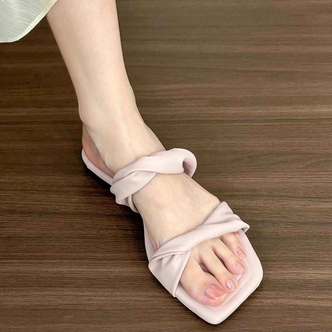 软软爆好穿！粉紫色平底拖鞋女夏季外穿气质方头一字带凉拖鞋软底