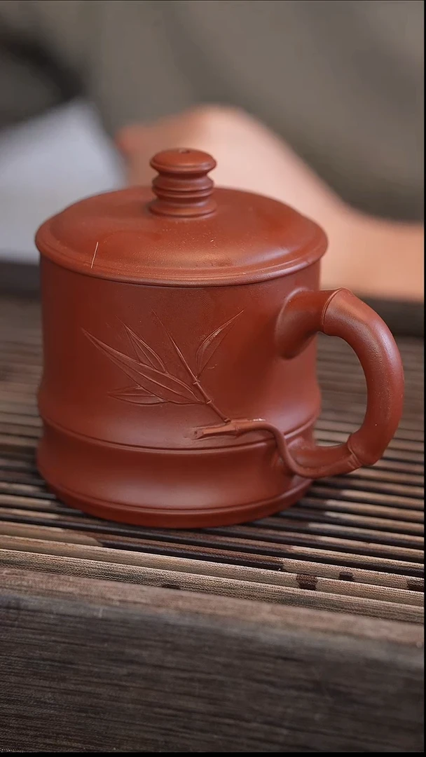 茶壶紫砂大红袍竹节贴竹叶盖杯