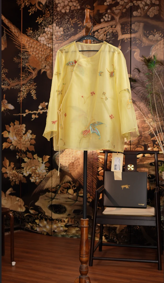 474桑蚕丝太太服复古慵懒风宽松中长款夏季防晒外套斜襟