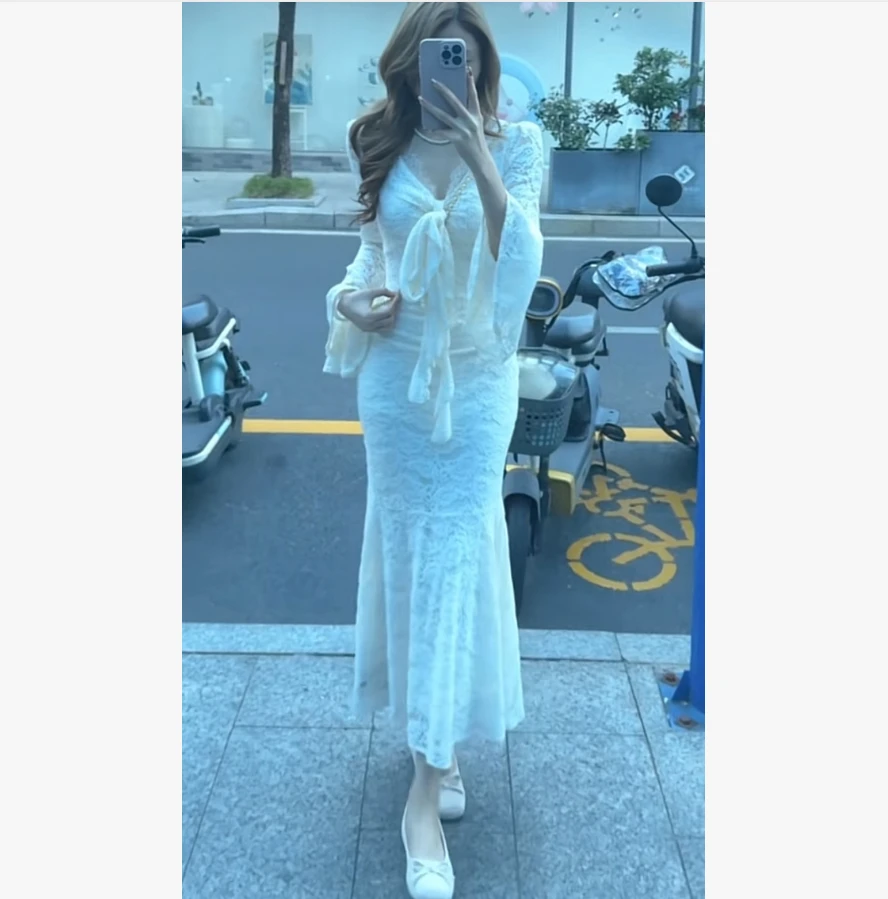 2025秋季新款气质修身显瘦长裙包臀鱼尾蕾丝连衣裙