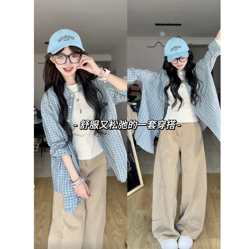 蓝色格子衬衫外套慵懒风衬衣外搭长袖上衣卡其色直筒牛仔裤阔腿裤