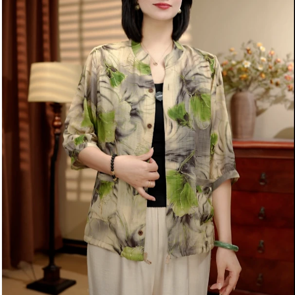 25夏季鎏金牡丹七分袖印花气质显瘦中老年宽松妈妈装开衫上衣