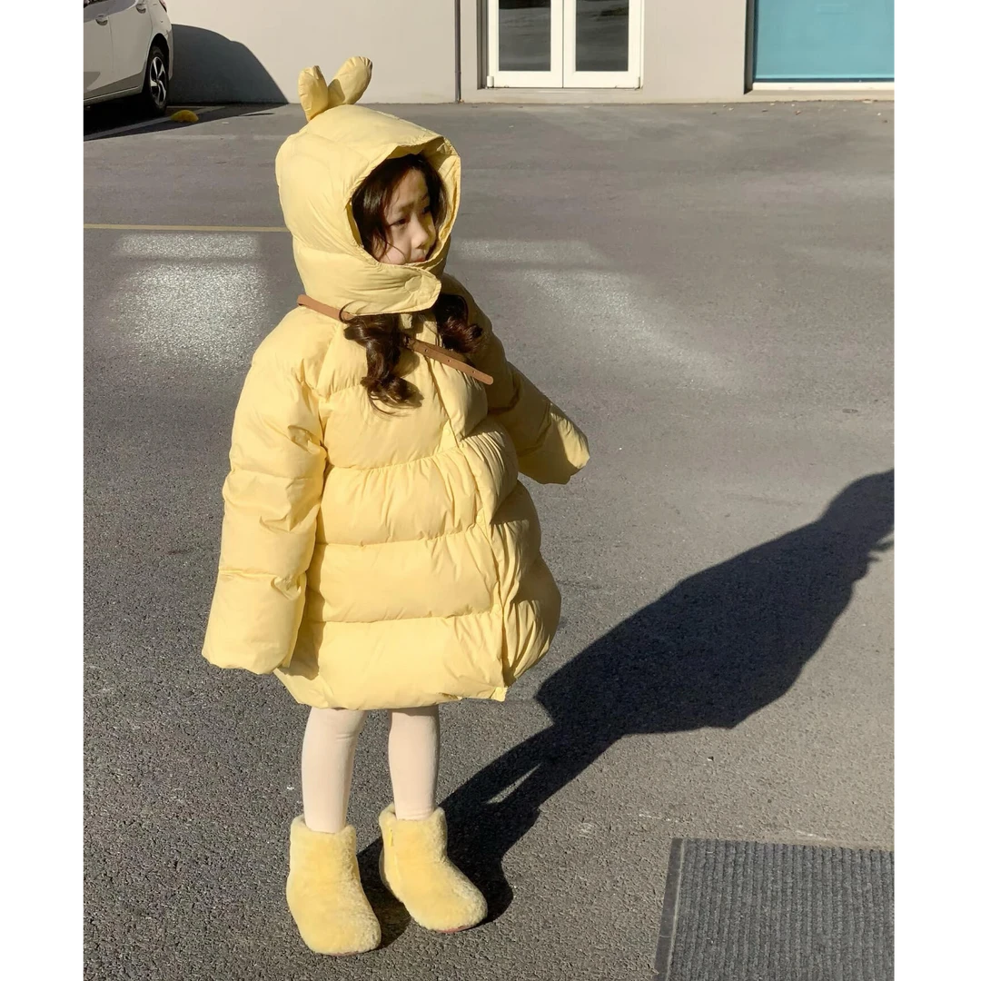 小思家女童2025秋季新款韩版休闲可爱奶黄中长款连帽排骨棉服外套
