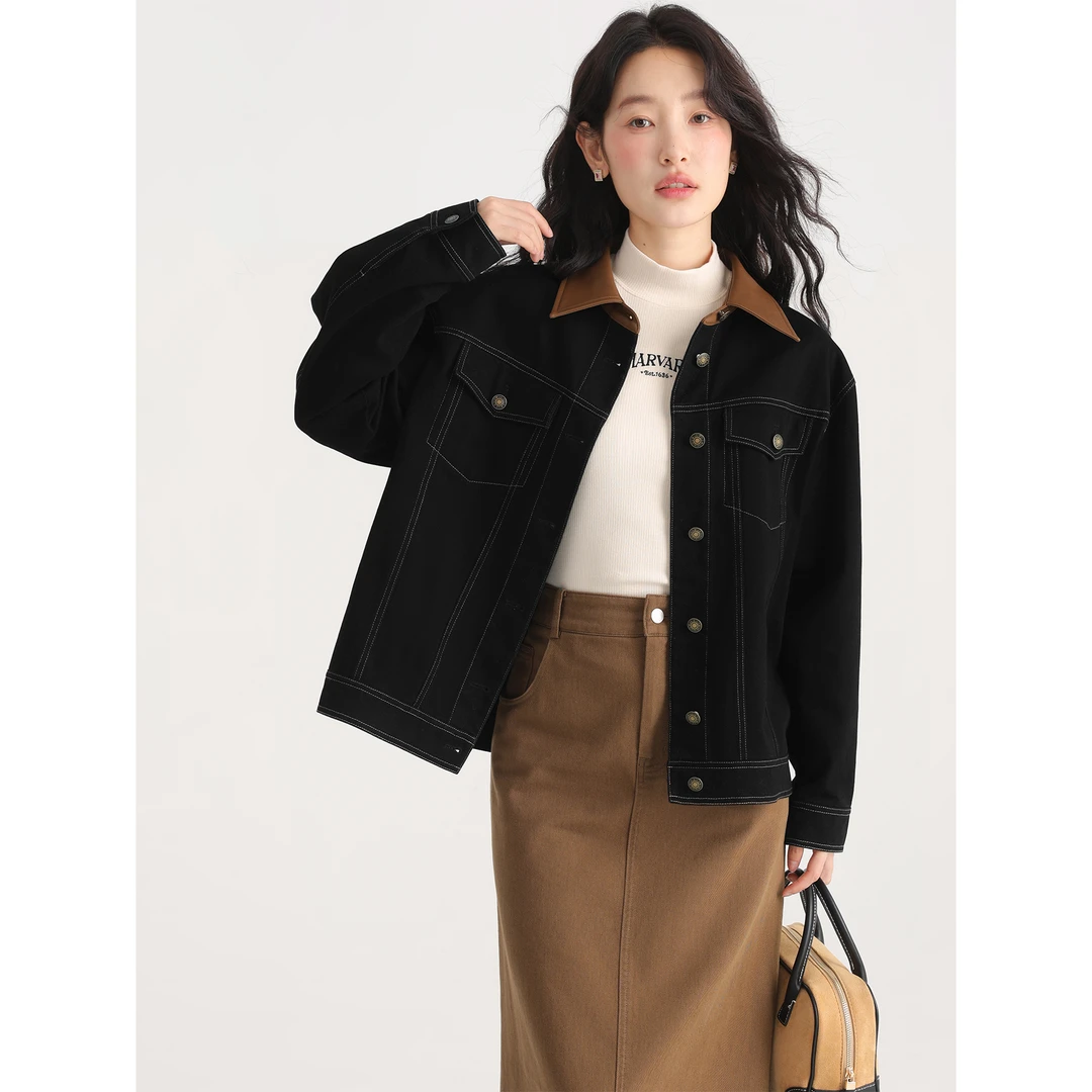 爱蔷薇大码黑色牛仔外套秋冬款女慵懒风翻领工装夹克开衫GT74211