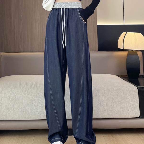 春季复古深蓝色软牛仔阔腿裤女2025新款高腰显瘦垂感香蕉裤休闲裤