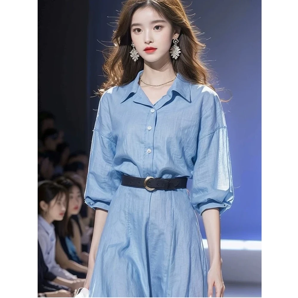 2025春季新款轻熟风名媛设计感小众气质小香风蓝色衬衫连衣裙女装