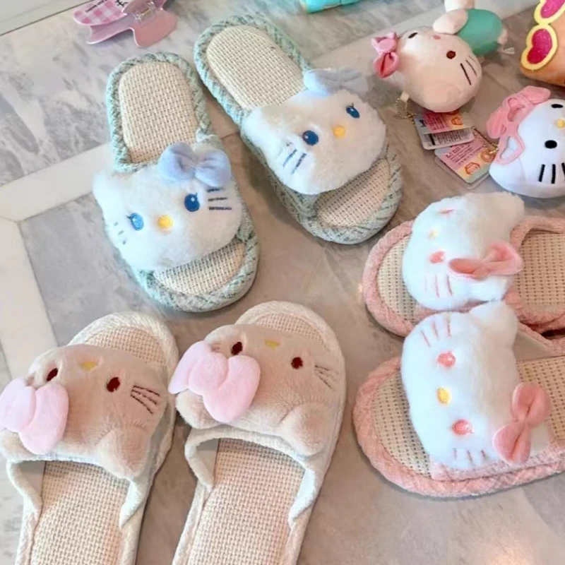 日系可爱亚麻kitty布艺凉席拖鞋居家透气吸汗防滑踩屎感一字拖JY