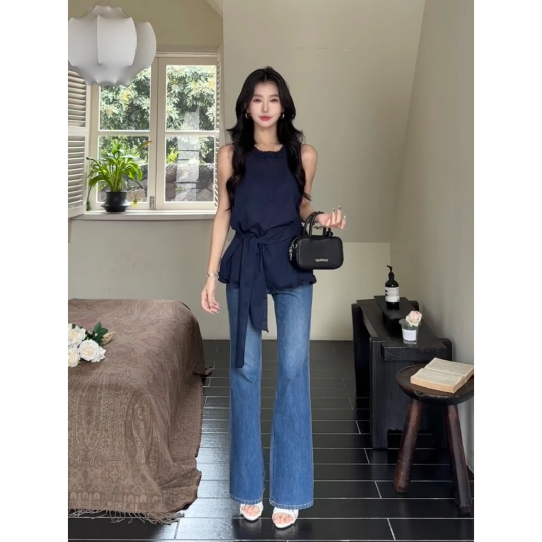 parkyeon韩系高级感无袖收腰背心花苞上衣通勤风高腰牛仔裤套装