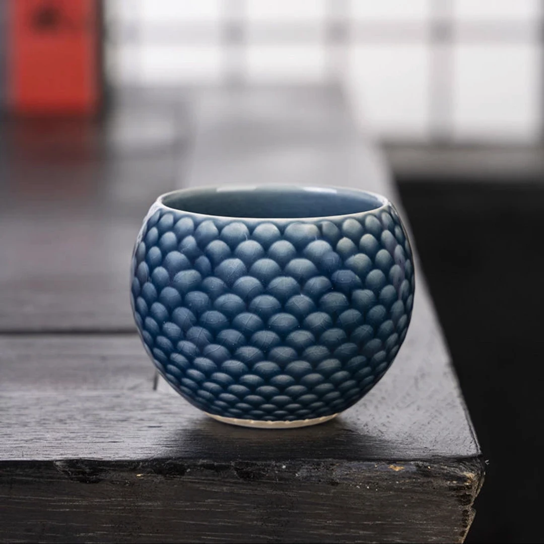 暗蓝色龙鳞龙蛋杯 高端茶器 手工茶盏 创意 主人杯 盏茶