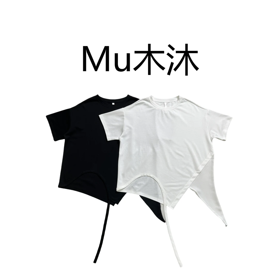 Mu木沐♠新品缺口飘带不规则拼接宽松T恤