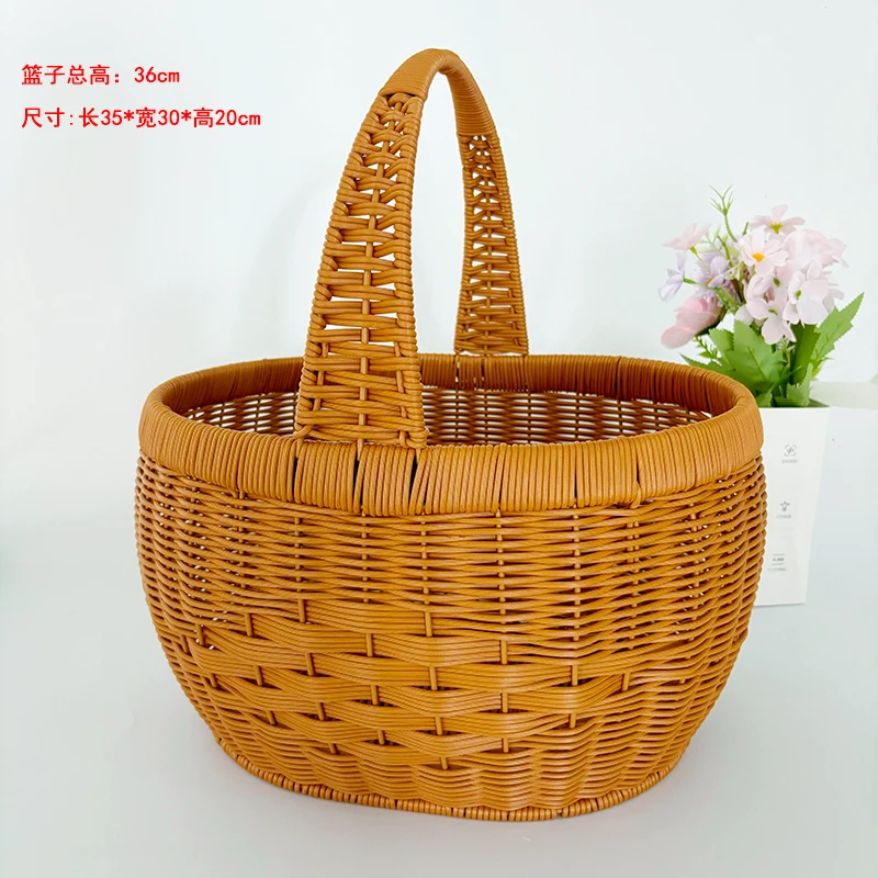 J19棕色单提手购物篮加固大号收纳篮手工编织35*30*20藤编纯手工