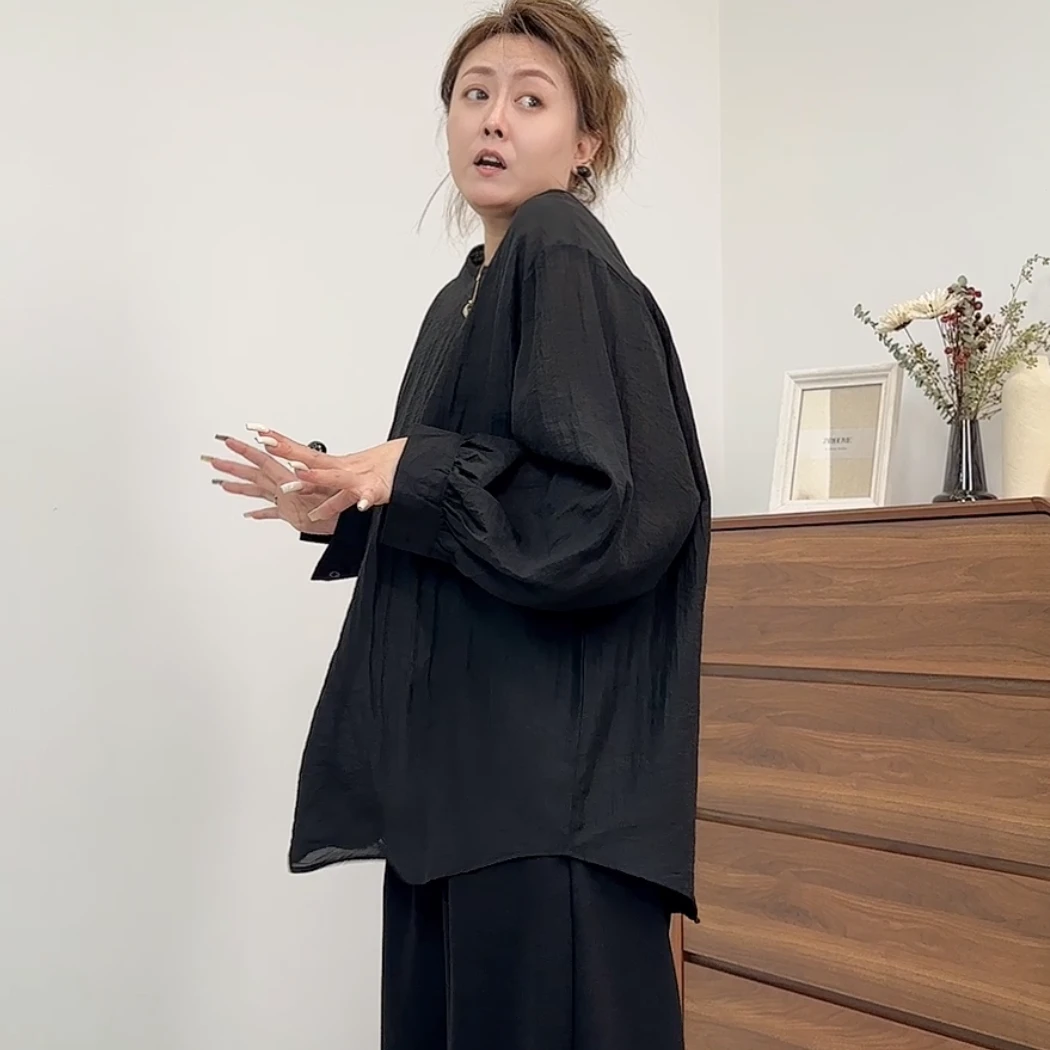 【林南南】 圆领褶皱长袖衫气质时尚休闲百搭宽松大码简约6660186