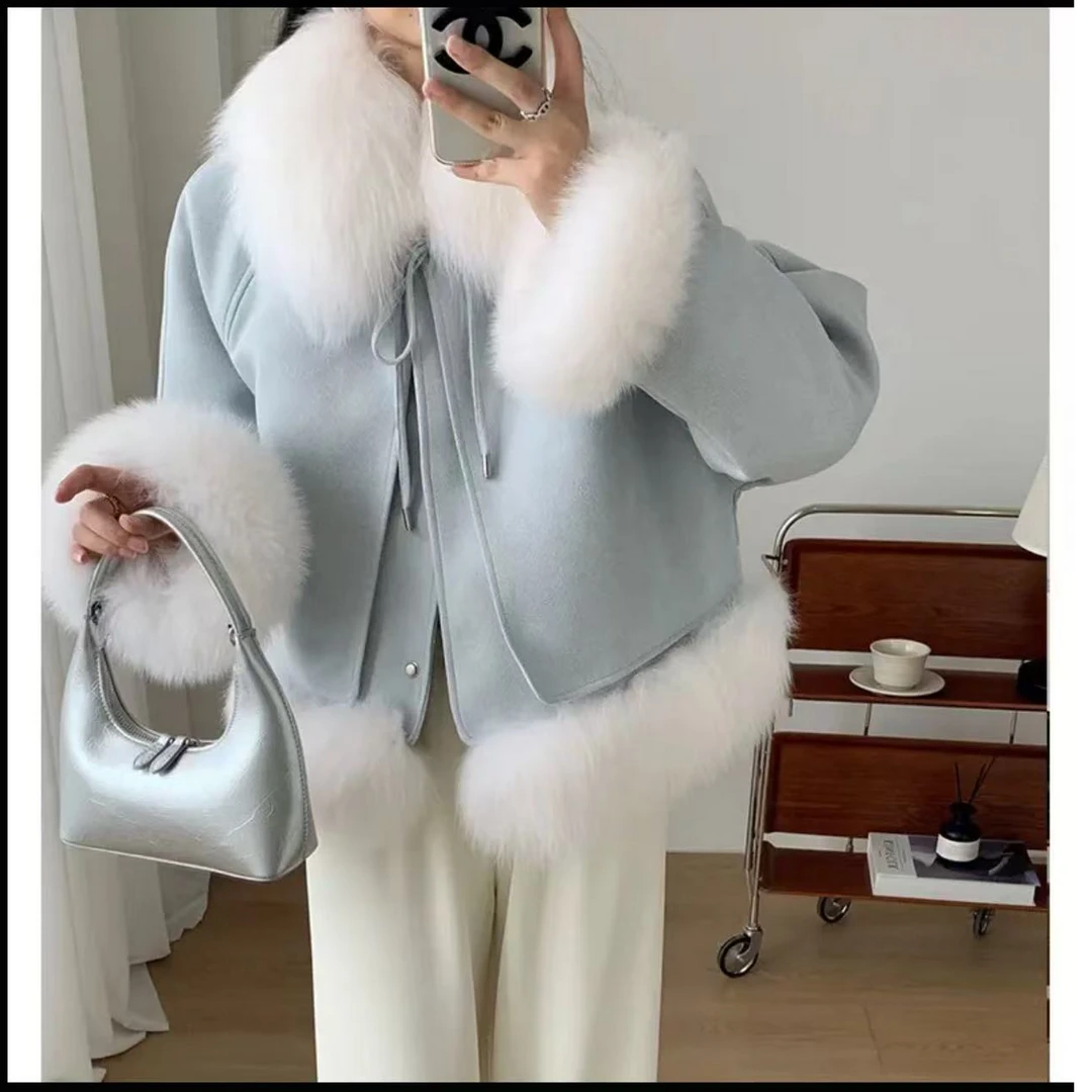 2024海宁冬新款麂皮绒和狐狸毛时尚洋气减龄鹅保暖短外套女