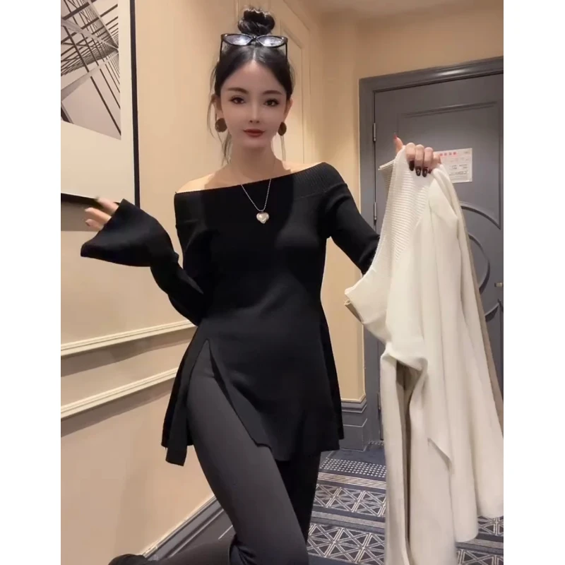 韩版一字肩侧开叉毛衣裙女冬季高级设计感气质收腰百搭喇叭袖上衣