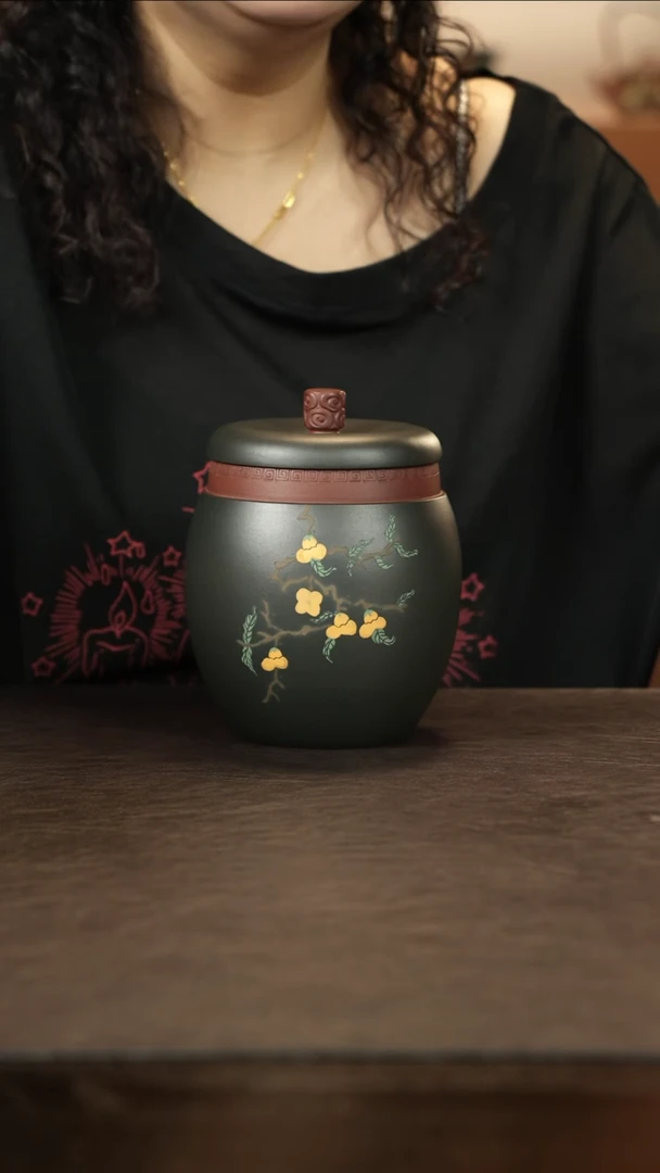 紫砂茶叶罐紫泥粉绿泥 好运常在罐