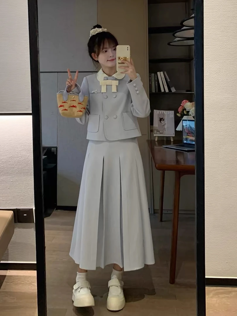 秋冬新款奶味蓝甜系两色长袖小西装长裙套装时尚外套女-7038