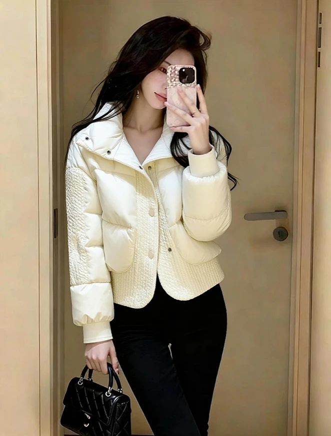 棉服女冬季高端时髦洋气独特漂亮小香风超好看白色翻领夹棉厚外套