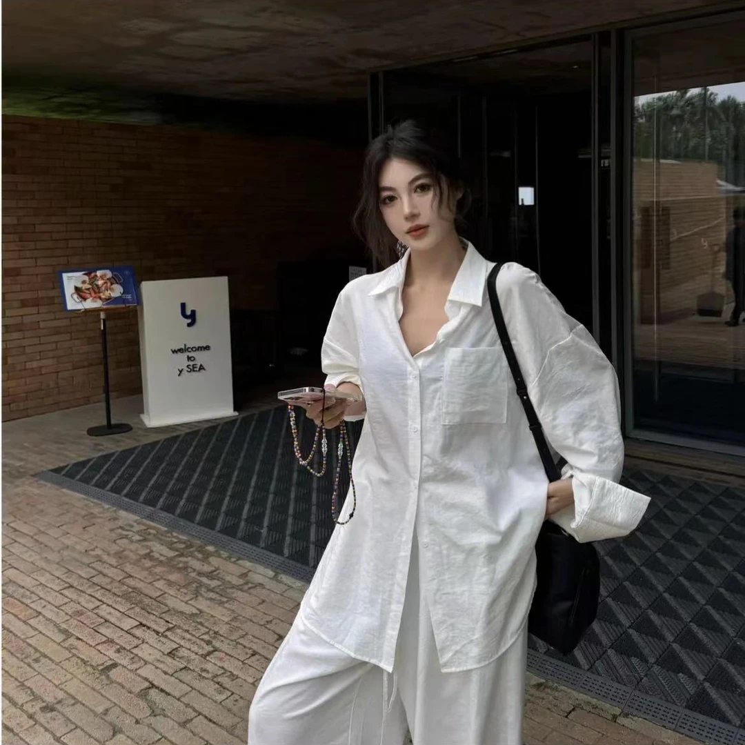 胖mm春夏韩版慵懒套装宽松休闲衬衫高腰系带亚麻休闲阔腿裤