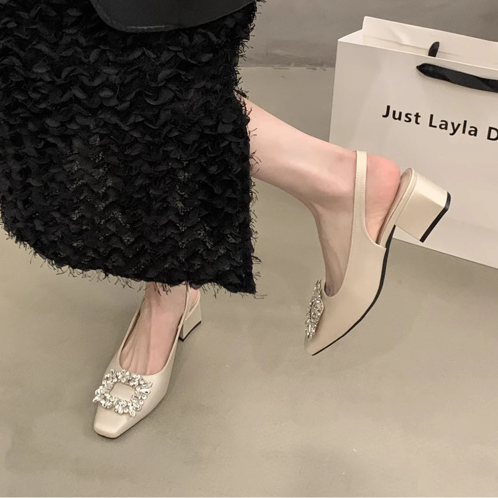 粗跟包头凉鞋后空浅口女鞋2025年春夏新款高级感水钻气质法式单鞋