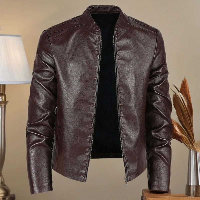 秋冬男士皮衣外套保暖加绒休闲百搭韩版修身立领短款青年皮夹克男