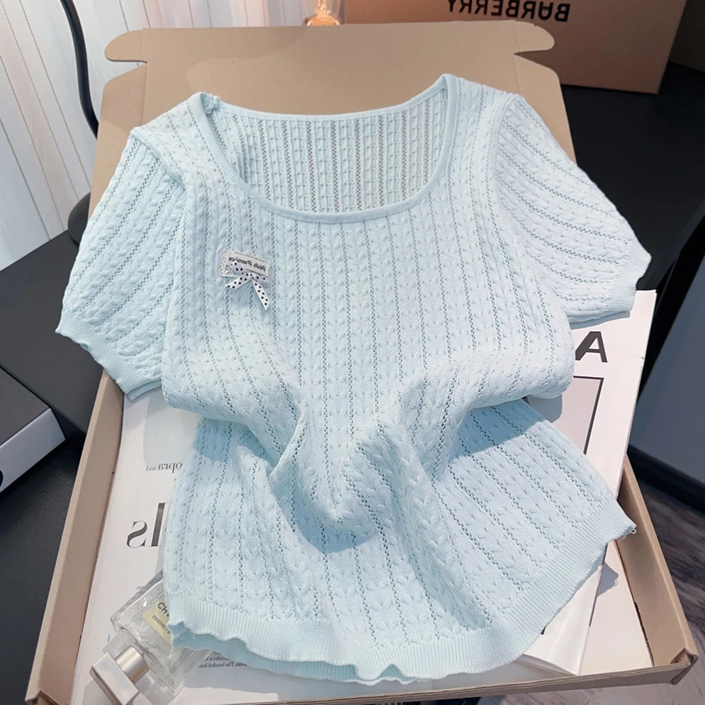 2025爆款高端洋气大码冰丝T恤上衣女胖mm夏季韩系显瘦遮肉针织衫