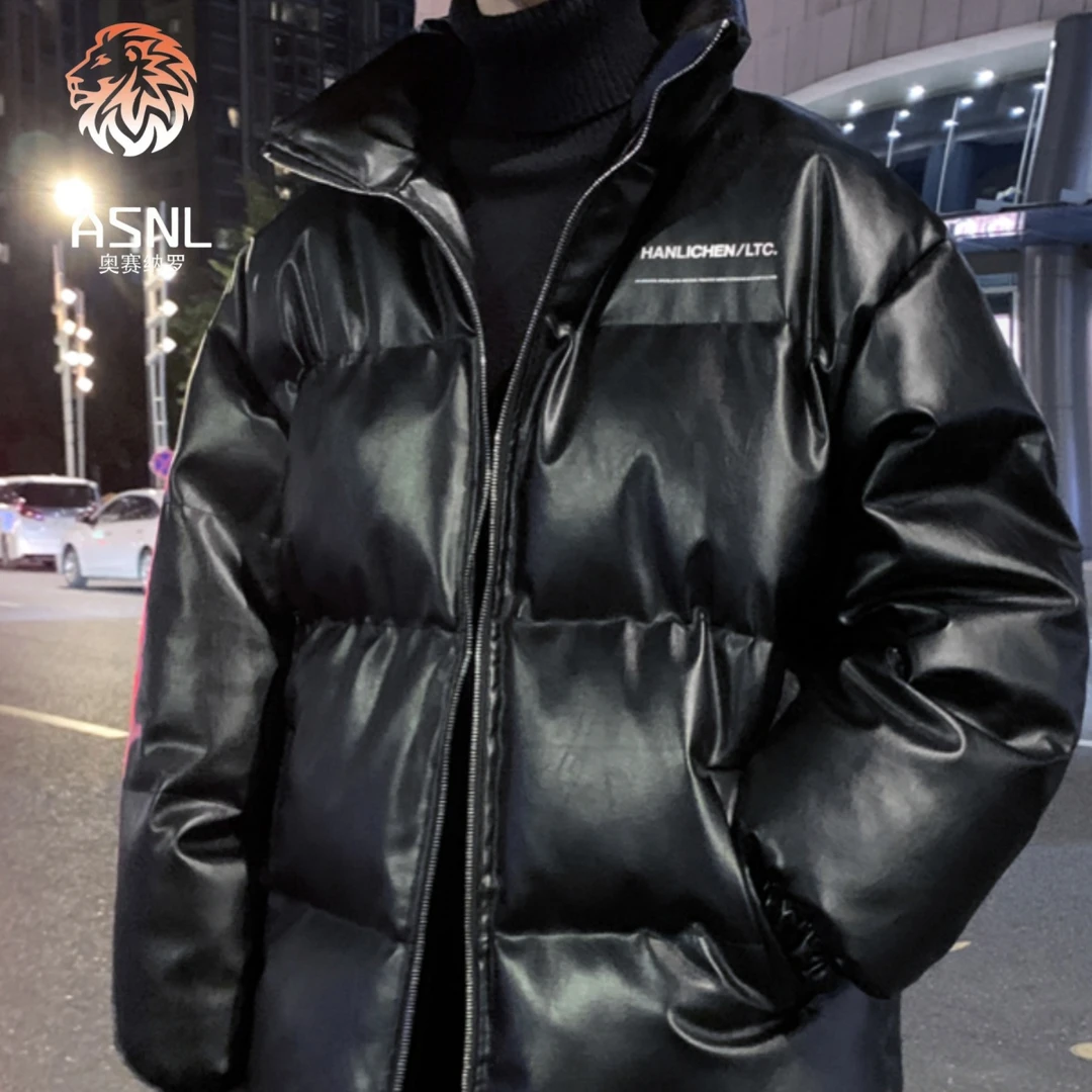 冬季PU皮羽绒服男士新款加厚保暖立领港风休闲免洗皮衣棉服外套
