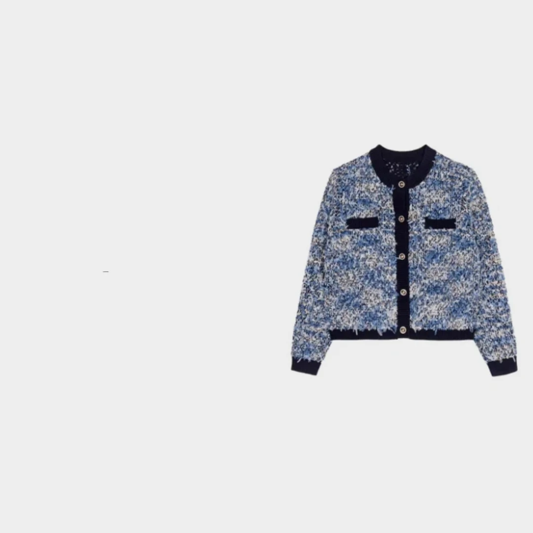 T·Z*52经典蓝色渐变撞色单排扣圆领开衫羊毛毛衣复古外套-3111