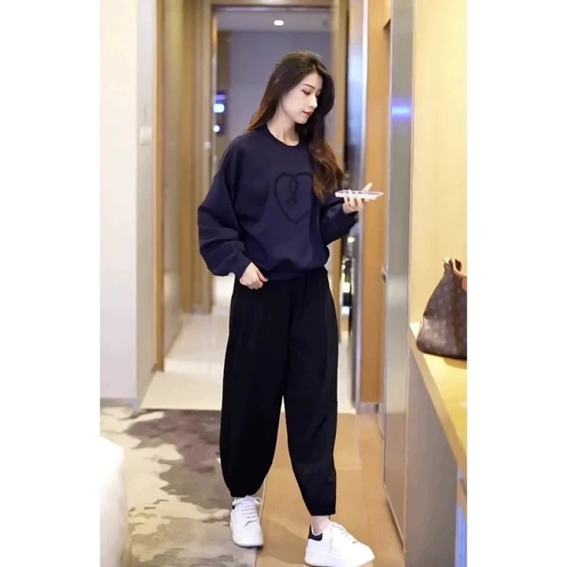 休闲百搭运动束脚裤套装女2025秋季设计感通勤圆领卫衣两件套