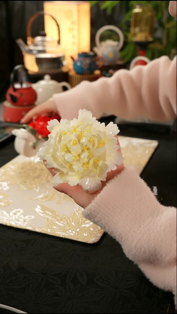 青云茶斋陶瓷茶具黄色牡丹瓷花摆件